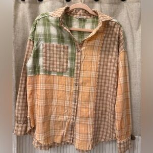 Plaid Patchwork Women's Button Down Shirt - Green and Tan